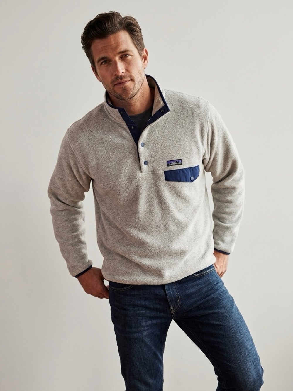 Patagonia Men’s Light Gray Fleece Snap Pullover with Navy Pocket Trim